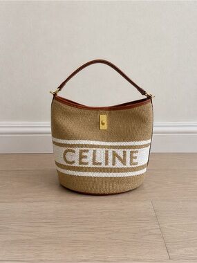 CELINE Small Raffia Bucket Bag with Leather Trim & Gold Hardware